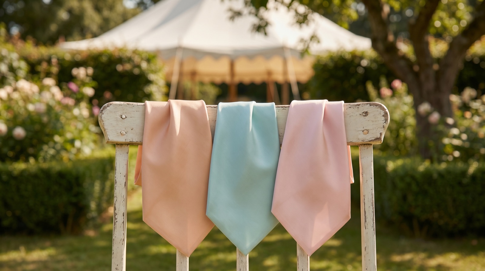 Peach, aqua and blush silk cravats draped over a white chair in an English garden