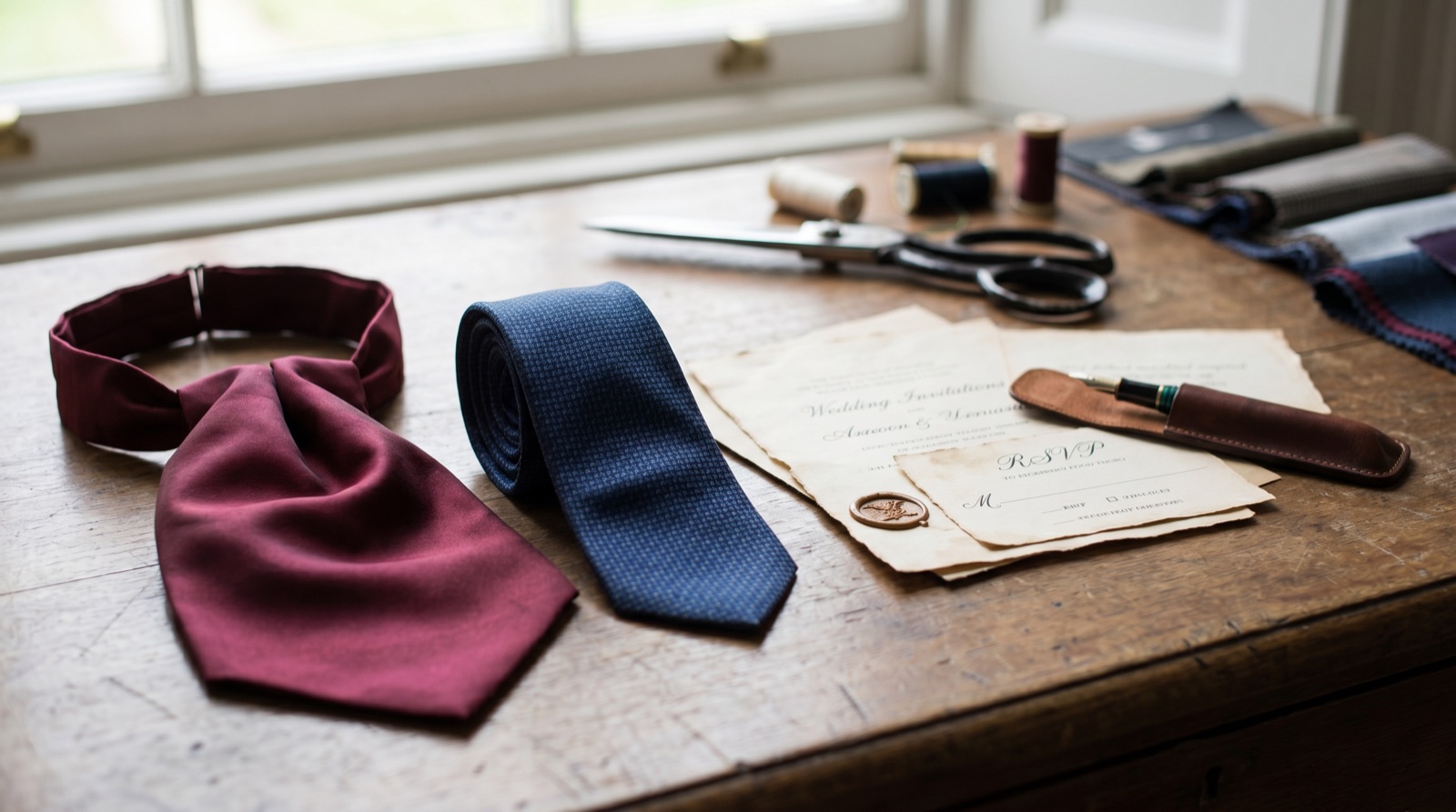 A maroon silk cravat and a classic necktie side by side on a tailor's table with wedding stationery