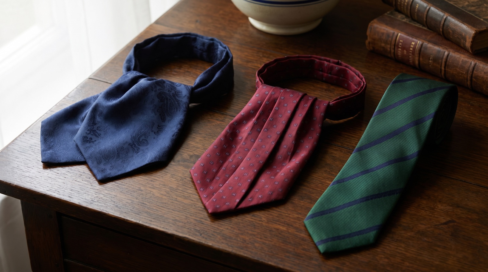 A silk day cravat, formal ascot and classic necktie laid side by side on dark wood