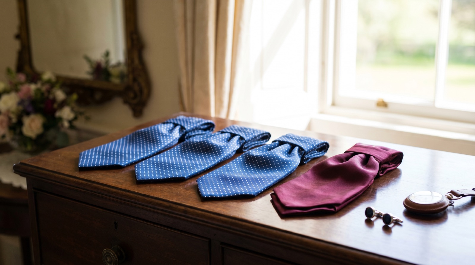A row of matching blue polka dot cravats with one distinct maroon cravat set apart for the groom