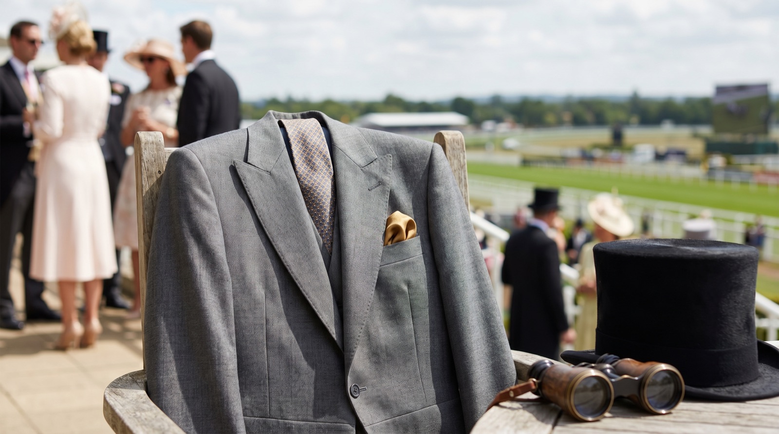 Morning coat with silk tie and gold pocket square, top hat and binoculars at the races